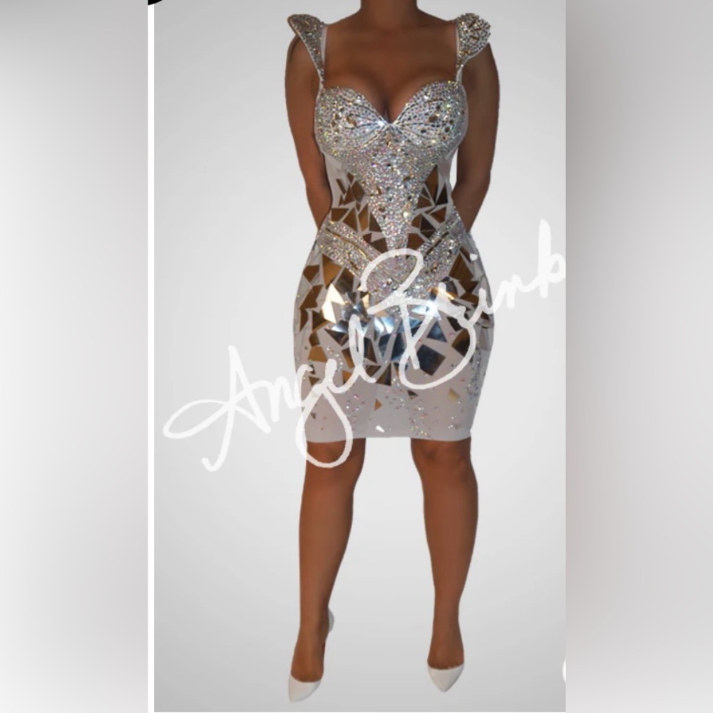 Angel Brinks White Geometric Rhinestone and Mirror Dress